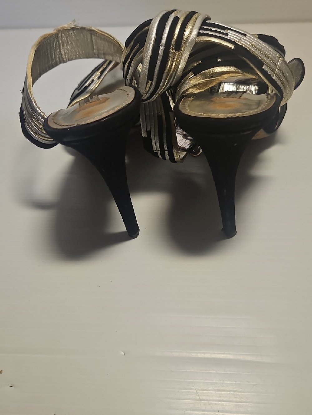 Dolce & Gabbana Black Silver Leather Colorblock Criss-Cross Heeled Sandals Sz 38 - Picture 6 of 11
